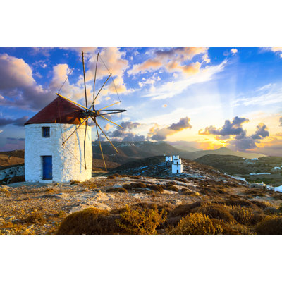 Beautiful Sunset Over Windmills. Amorgos Island, Greece - Wrapped Canvas Print