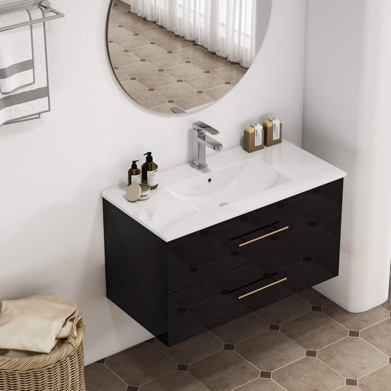 Meuble-lavabo mural moderne en MDF noir avec lavabo en céramique, rangement spacieux, accents dorés