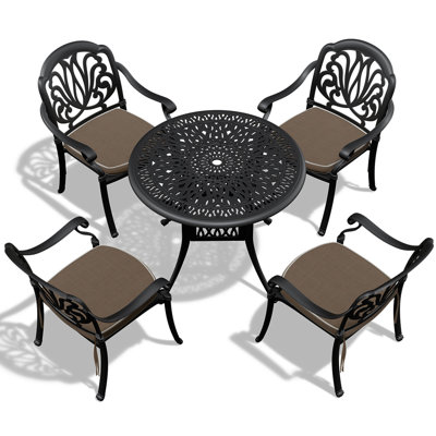 Outdoor Aluminum Patio Chairs And Table - Weather , Comfortable Seating With Cushions In Dark Color Cast Furniture Black, Protected, Stackable, Ergonomic For Four People