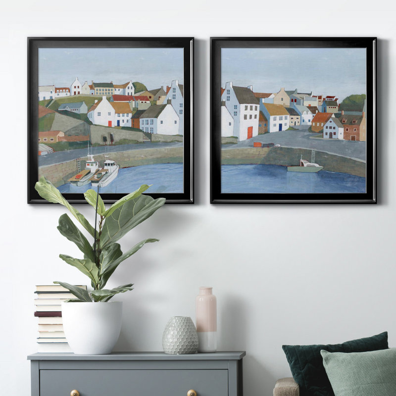 Ensemble de 2 cadres photo Old Coast Town I Old Coast Town I, H 17,5 po x l 35 po x P 1,5 po, Toile avec cadre noir