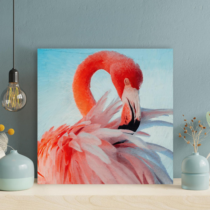 Flamant rose en gros plan, peinture sur toile tendue, L 12 po x H 12 po