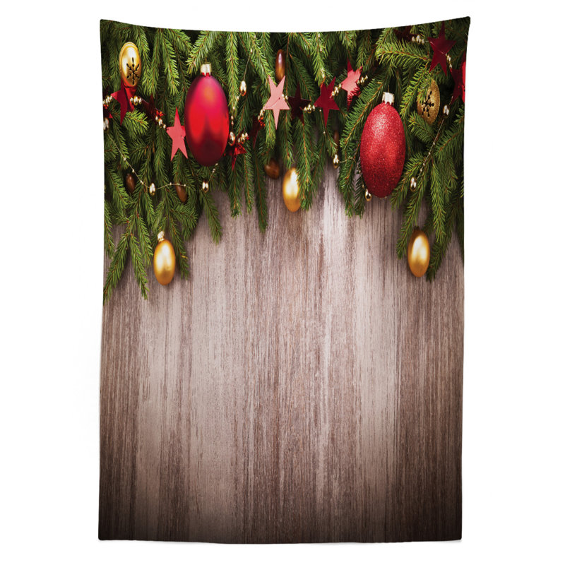 Xmas Ornaments Over Wooden Board Backdrop with Stars Goodwill Print Tablecloth, 90" x 60"