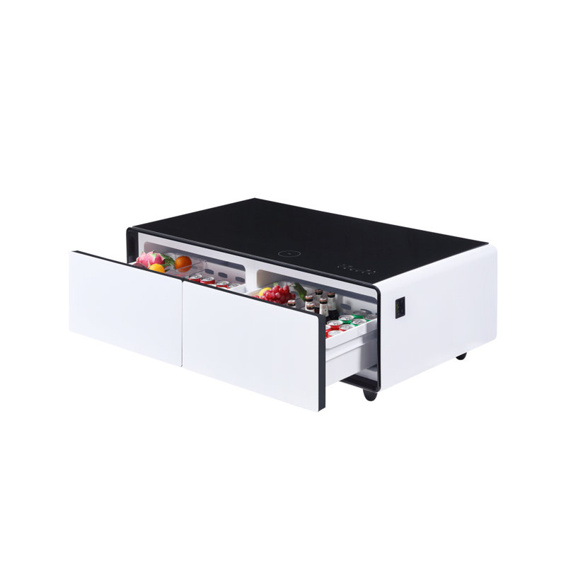 Table basse moderne et intelligente avec réfrigérateur intégré, haut-parleurs Bluetooth, chargement sans fil, prise de courant, ports USB, lumière RVB