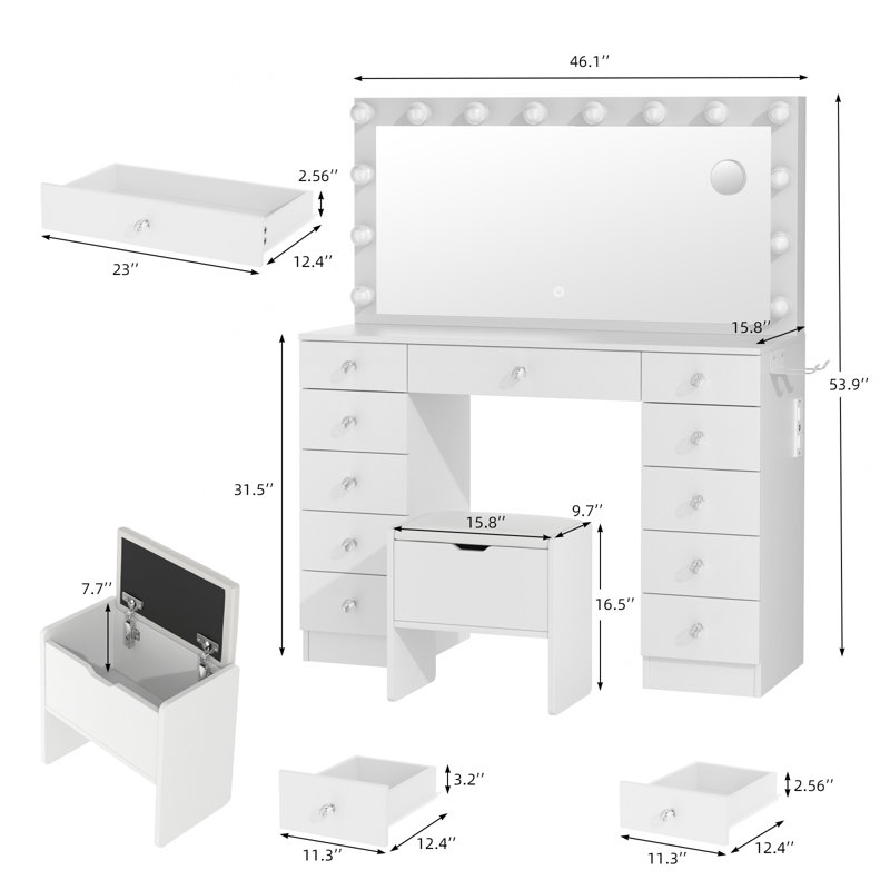 ​​Greyden Makeup Vanity Set with 11 Drawers and Outlets, Dresser with 10X Magnifying Mirror for Bedroom, White