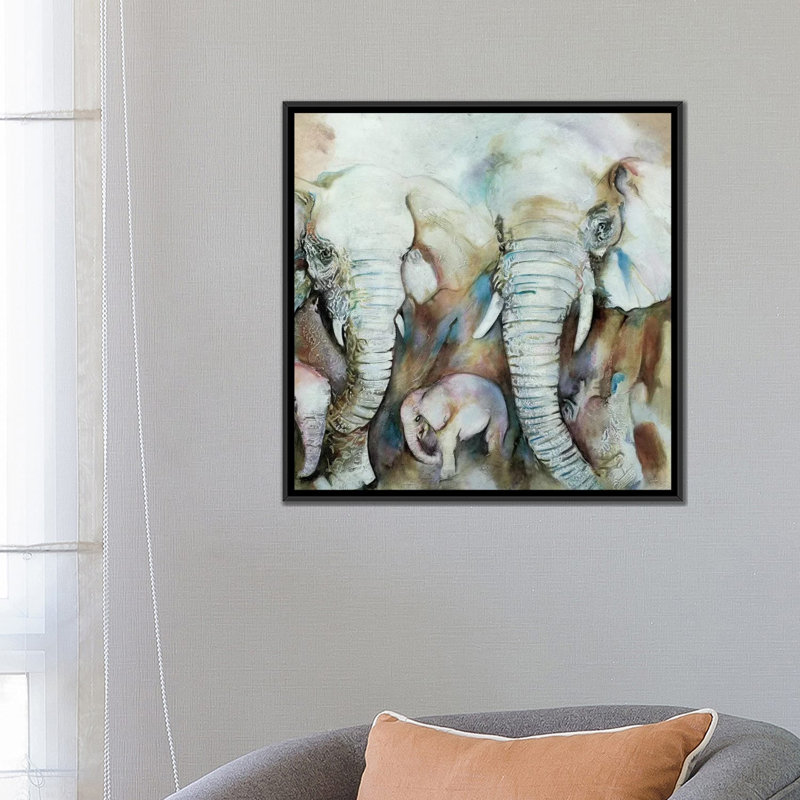 « elefantes », impression sur toile, H 18 po x l 18 po x P 1,5 po, Toile avec cadre noir