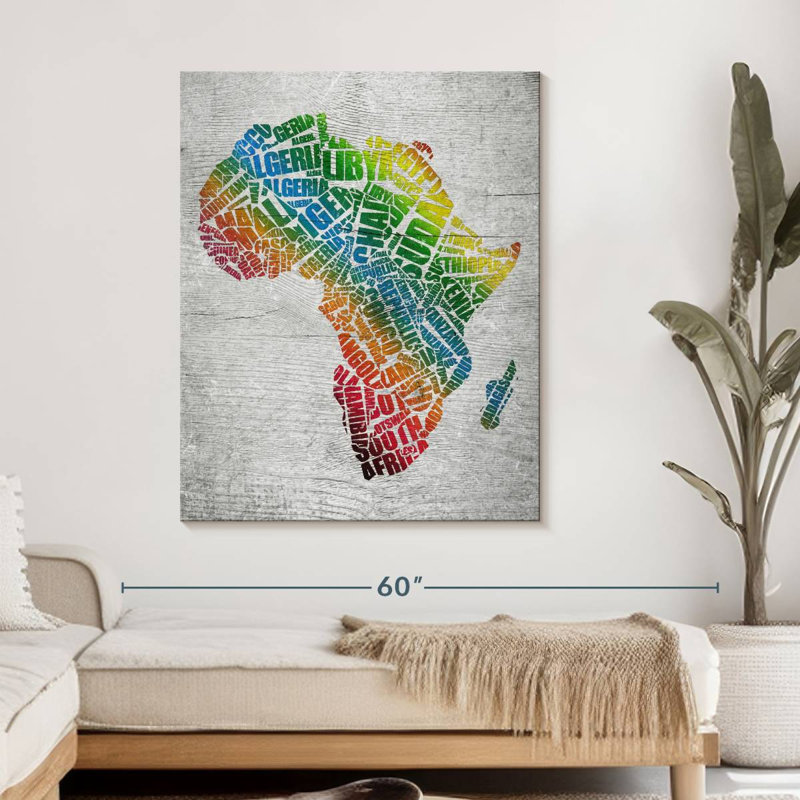 Carte de l'Afrique, nuage de mots sur toile, H 45 po x l 36 po x P 1,25 po