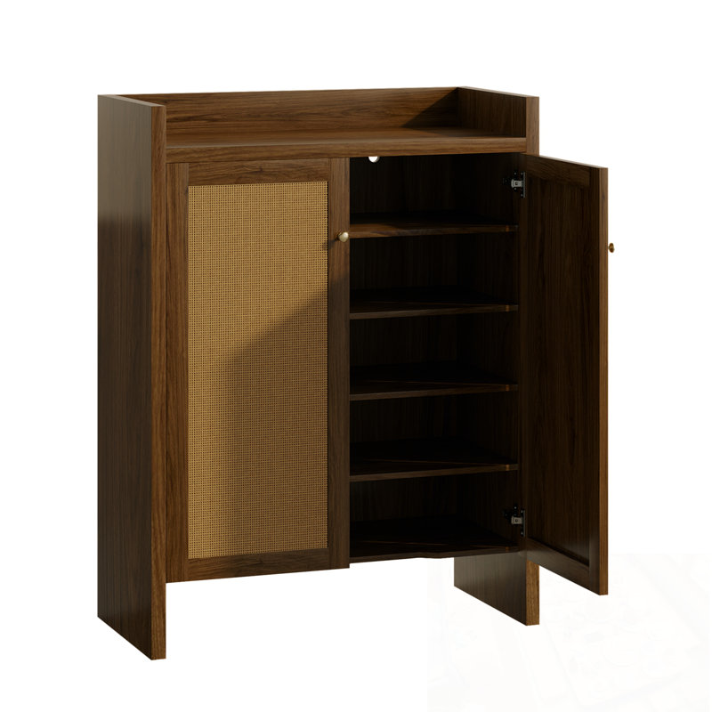 Armoire à chaussures en rotin avec portes et tablettes réglables, Noyer