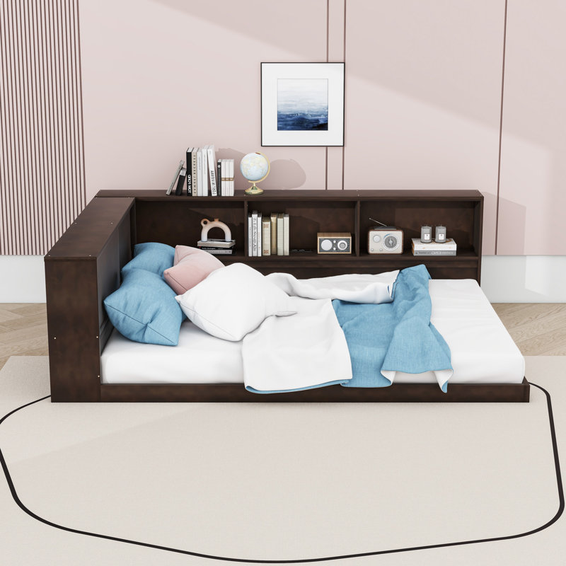 Daybed with 5 Storage Shelves, USB Charging Ports and LED Lighting, Brown