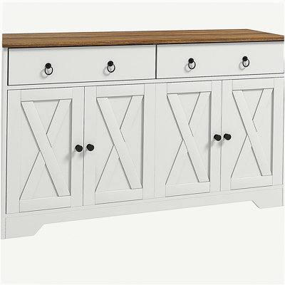 Buffet HOMcom, buffet avec 2 tiroirs, 2 armoires de rangement, 4 portes de style grange et tablettes réglables, table de ferme avec rangement, plateau en grain de bois, blanc