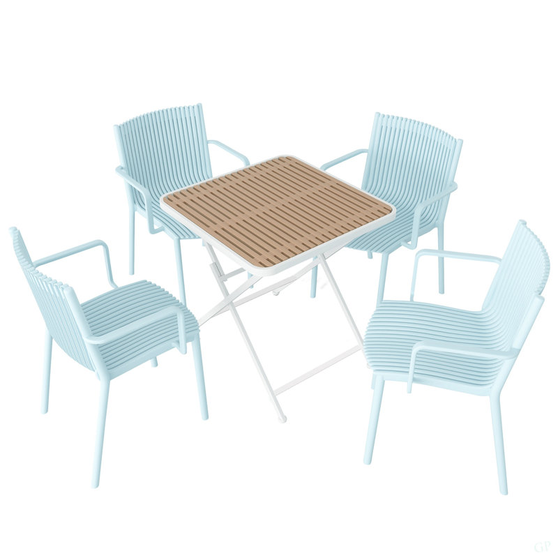 Été - Fauteuil empilable en PP bleu clair 4 pièces pour une utilisation intérieure / extérieure - Dossier ergonomique à lattes avec table pliante multifonctionnelle intérieure / extérieure moderne - Plateau de table en PP avec pieds en métal (blanc, kaki)