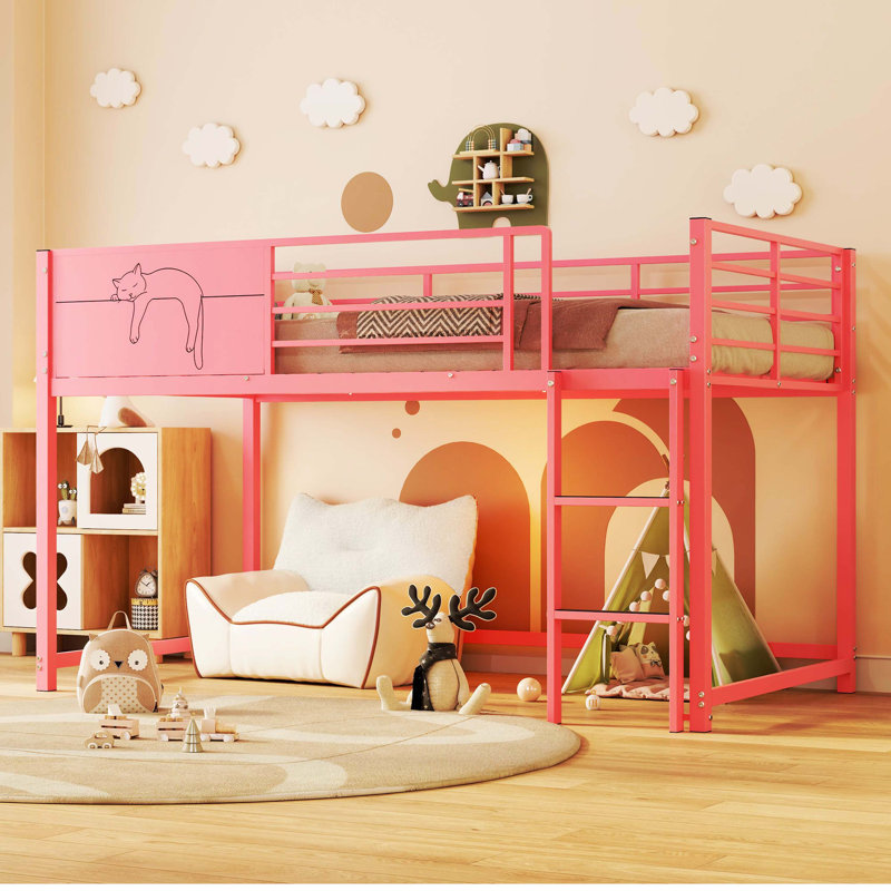 Lit simple en métal avec garde-corps de sécurité et support latéral, cadre de lit pour enfants, aucun sommier requis, assemblage facile, rose