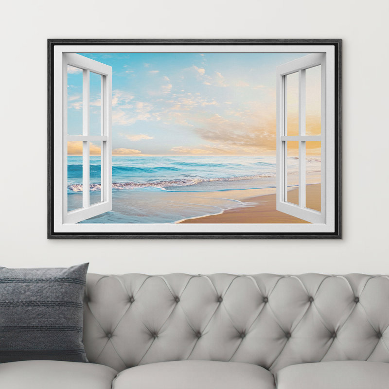 «Summer Clear Blue Beach Sky Sunrise Ocean Coastal Seascape Nautical Wall Art», reproduction d'art sur toile encadrée