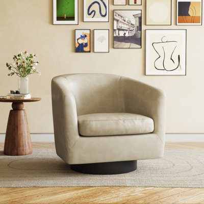 Applewold Faux Leather Swivel Barrel Chair with Solid Wood Base
