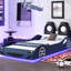 Lit de voiture de course bleu simple avec construction en bois massif et éclairage à DEL - Revêtement doux de la plateforme Bedtime, confort durable à long terme