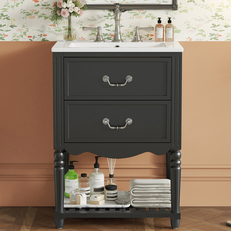Meuble-lavabo 2 tiroirs 2 po avec plateau en céramique, Noir