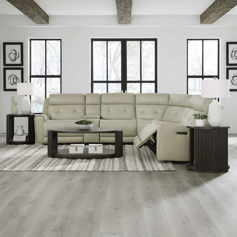 Iavor 6 Piece Sectional w/ Console Storage & Hidden Cupholders, Beige Top Grain Leather