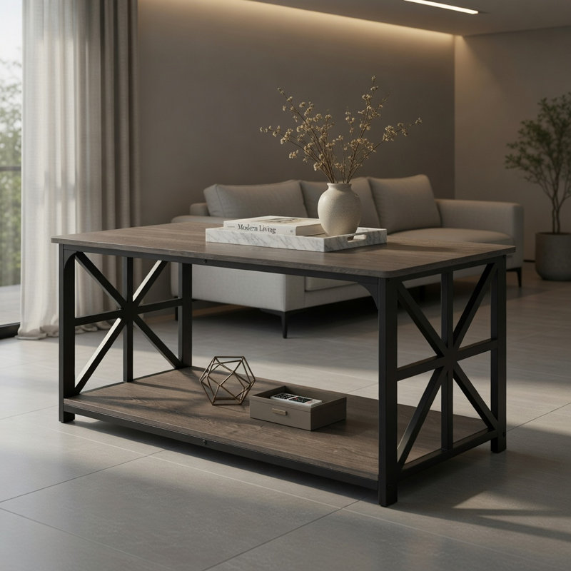 Table basse à 2 niveaux avec tablette de rangement Hommoo, 19" H x 43" W x 20" D, Rustic Oak / Rustic Oak & Black