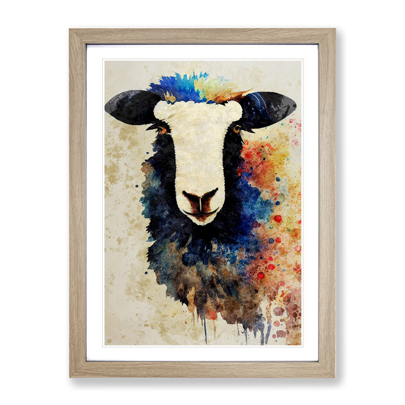 Sheep No.5 - Single Picture Frame Painting, 64cm H x 46cm W x 2cm D, Oak