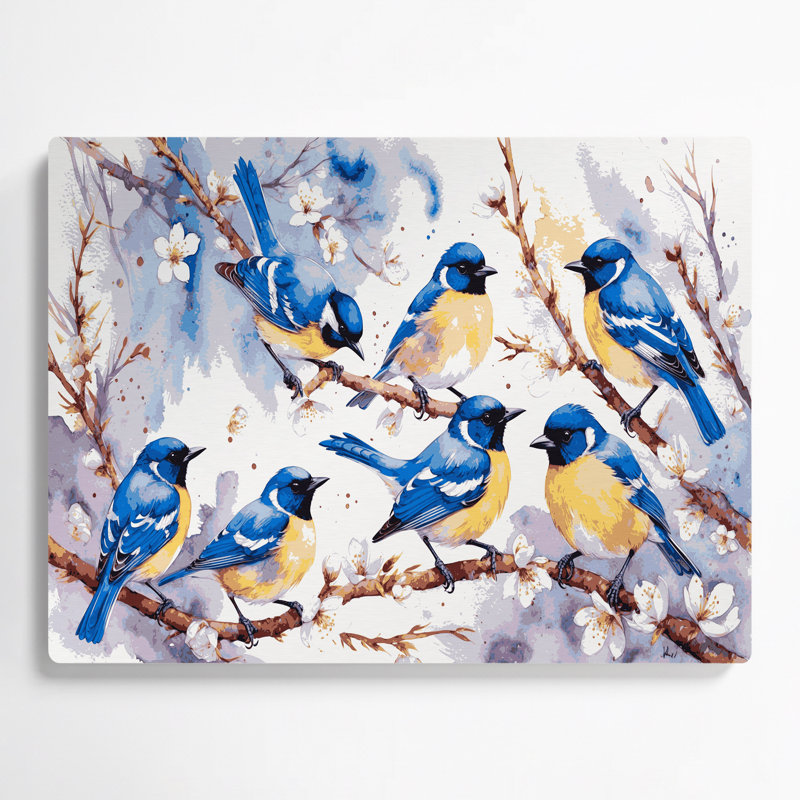 Oiseaux, mésange bleue, art mural en métal beige, H 132 po x l 168 po x P 0,05 po