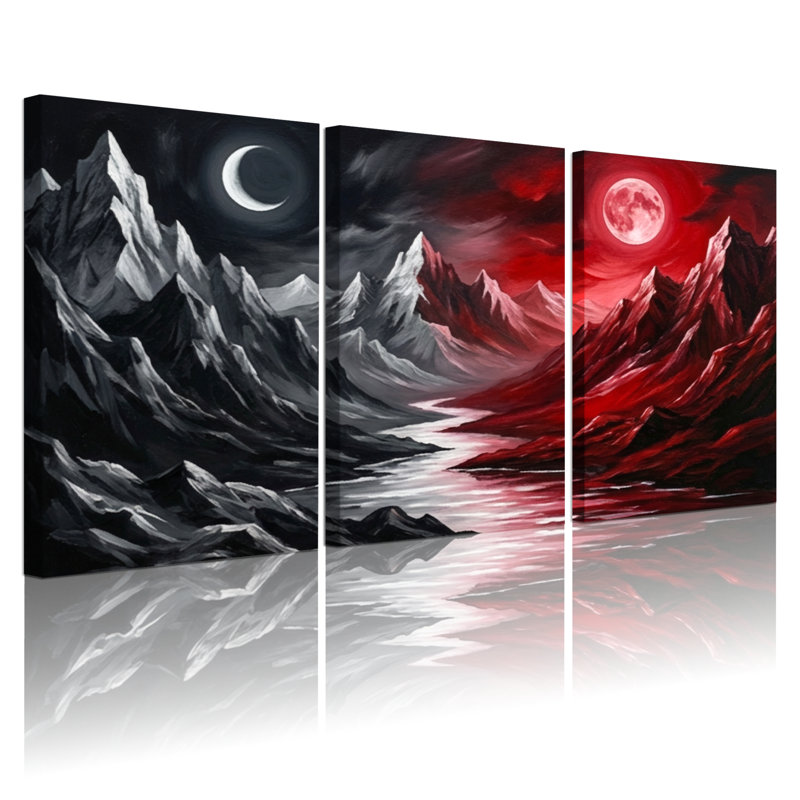 «Landscape & Nature Mountain Landscape Moon Red Sky Reflection», peinture, H 18 po x l 36 po