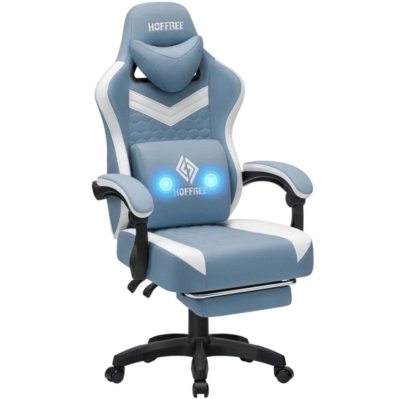 Fauteuil inclinable ergonomique en tissu et jeu de course avec coussin lombaire vibrant, Bleu