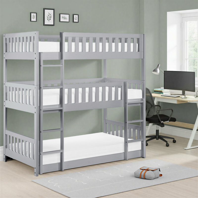 Koraima Transitional Wood Triple Bunk Bed with Protective Guard Rails, Integrated Ladders & Convertible Design
