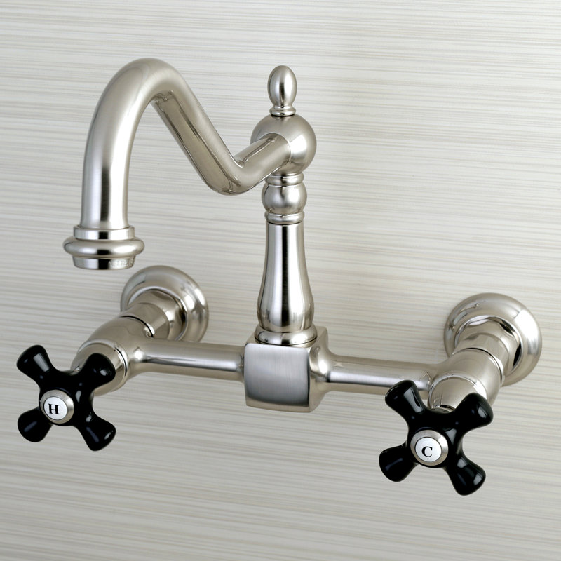 Kingston Brass Duchess Double-Handle 2-Hole Wall-Mount Bridge Kitchen Faucet, Polished Chrome/ Trim White