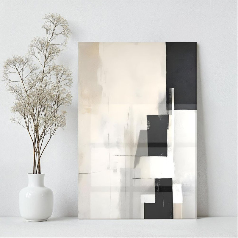 Art mural sur toile encadré en 2 dimensions, composition géométrique abstraite, blocs de couleur dégradés noir et blanc à gris, impression d'art sur toile de style minimaliste, décoration murale, cadeau idéal, prêt à accrocher