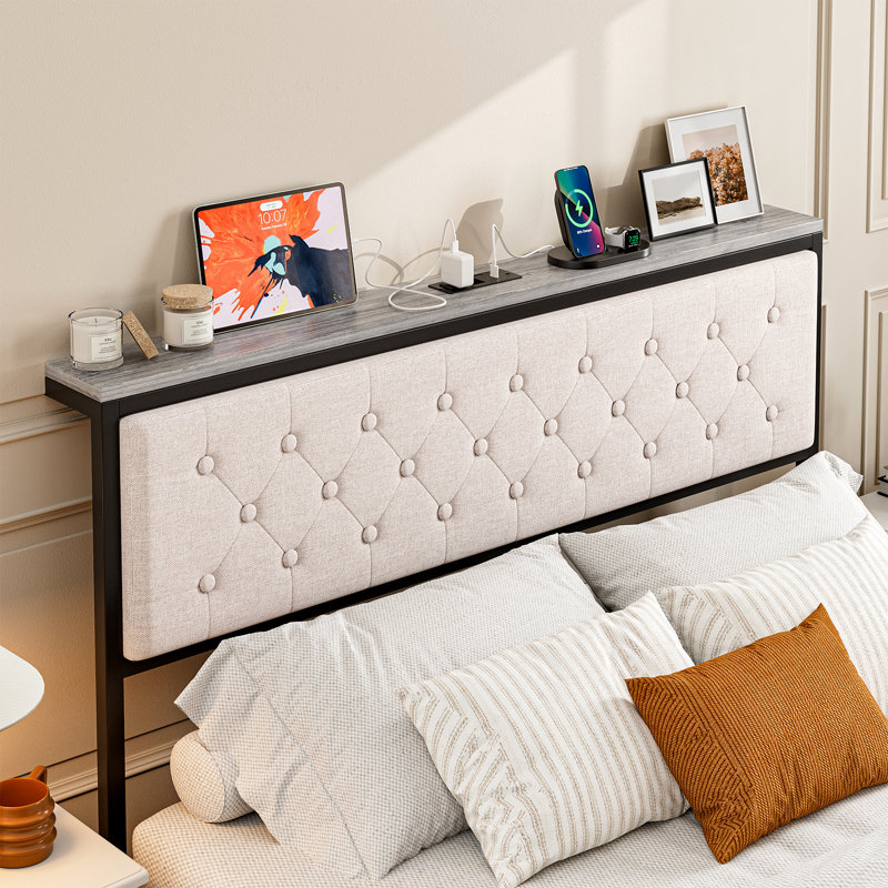 Headboard With Storage And Charging Station, Upholstered Storage Headboard Only With Bed Frame Brackets Adapter, Button Tufted Design, Easy Assembly