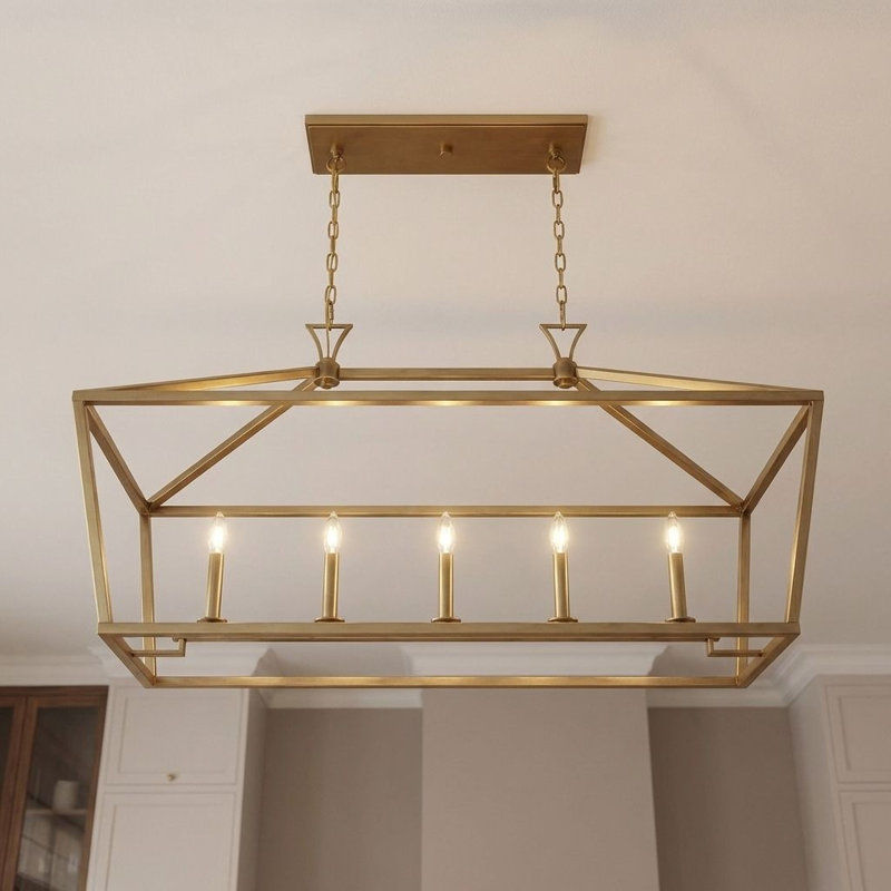Luminaire suspendu linéaire à 5 lumières à intensité variable Hastings, Laiton chaleureux, H 23,5 po x l 44 po x P 16 po