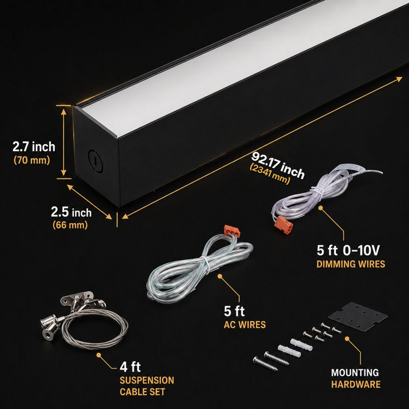  8FT 3CCT Dimmable Commercial Linear Light, 120V/277V, 80W, 9200lm, Anti-Glare, Linkable, Commercial and Warehouse Industrial, Black, Pack of 8
