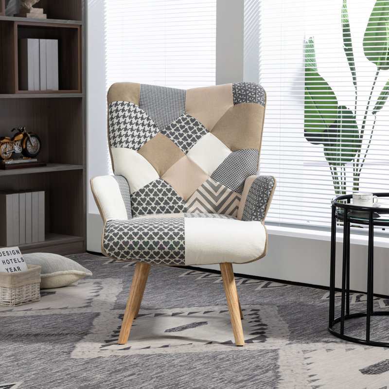 Accent Chair with High Backrest,Plaid Bohemian Upholstered Armchair for Mid Century, 1, Gray-1pc