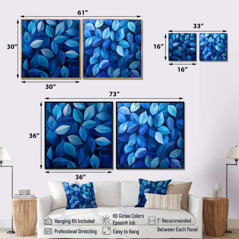 «Cobalt Leaves In Moon Light Collage I», art mural feuilles, art mural traditionnel sur toile 2 pièces, Ne s’applique pas