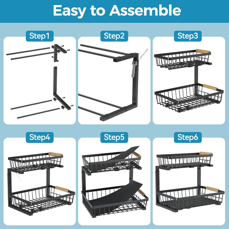 Under Sink Organizers And Storage, 2 Tier Pull Out Under Cabinet Organizer Drawer Shelf, 2 Pack Large Metal Adjustable Slide Out Drawers Shelves For Kitchen Bathroom.