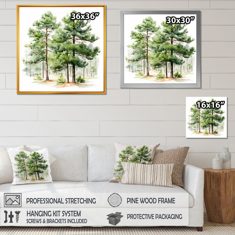 Aquarelle, pin vert, forêt, art mural, Noir, H 16 po x l 16 po