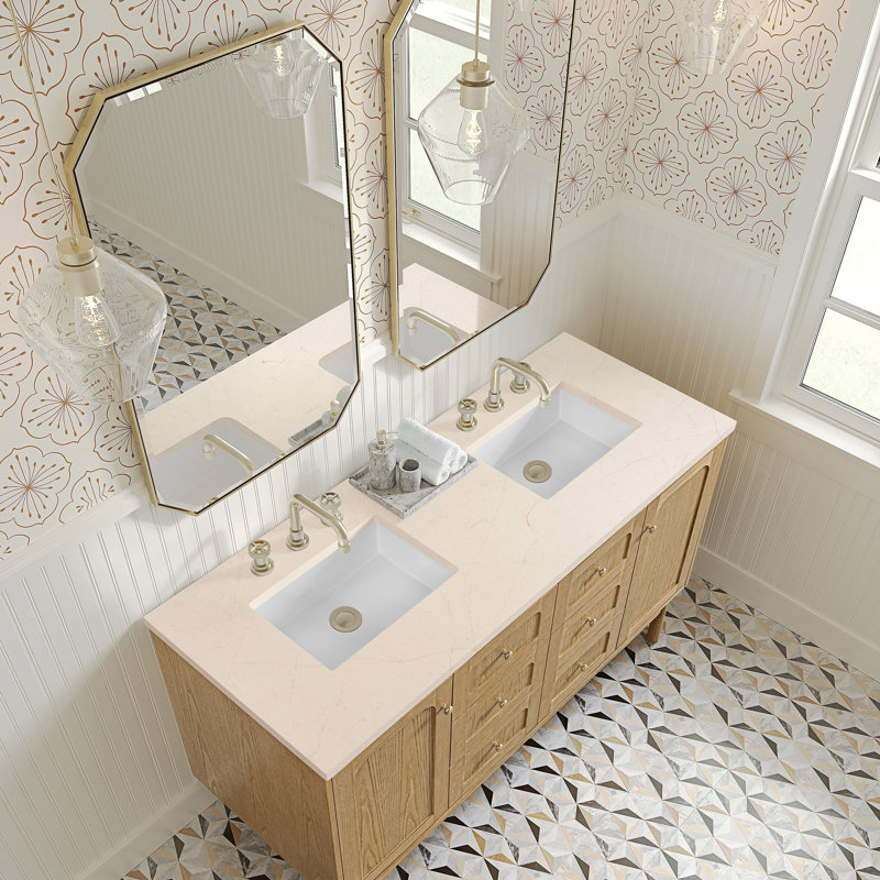 Meuble-lavabo double 60 po Laurent, Perle jasmin éternelle, Centres de 8 po, Chêne miel
