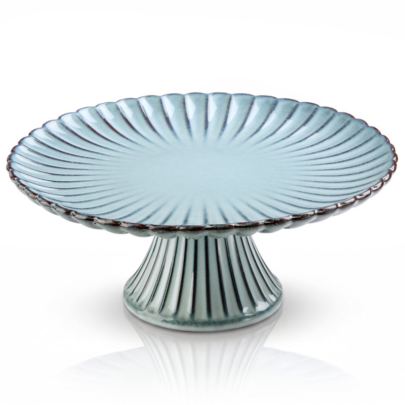 Présentoir à gâteaux festonné en céramique, couleur Brume Océane, Collection Marée