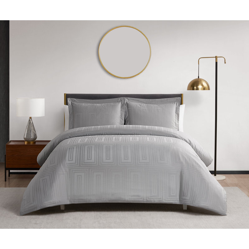 DESIGN STUDIO Cityblocks Silver Grey 3-Piece Cotton Rectangle Jacquard Duvet Set, King Duvet Cover + 2 King Shams