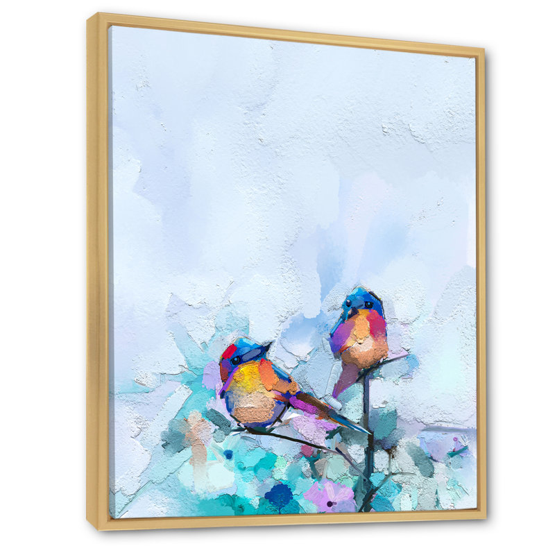 Pinceau orange et turquoise, oiseau III - Peinture, H 40 po x l 30 po x P 1,5 po, Cadre naturel flottant