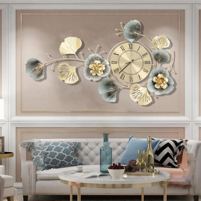 32-Inch Modern Metal Ginkgo Leaf Silent Wall Clock, Gold - Battery Operated For Home/Office