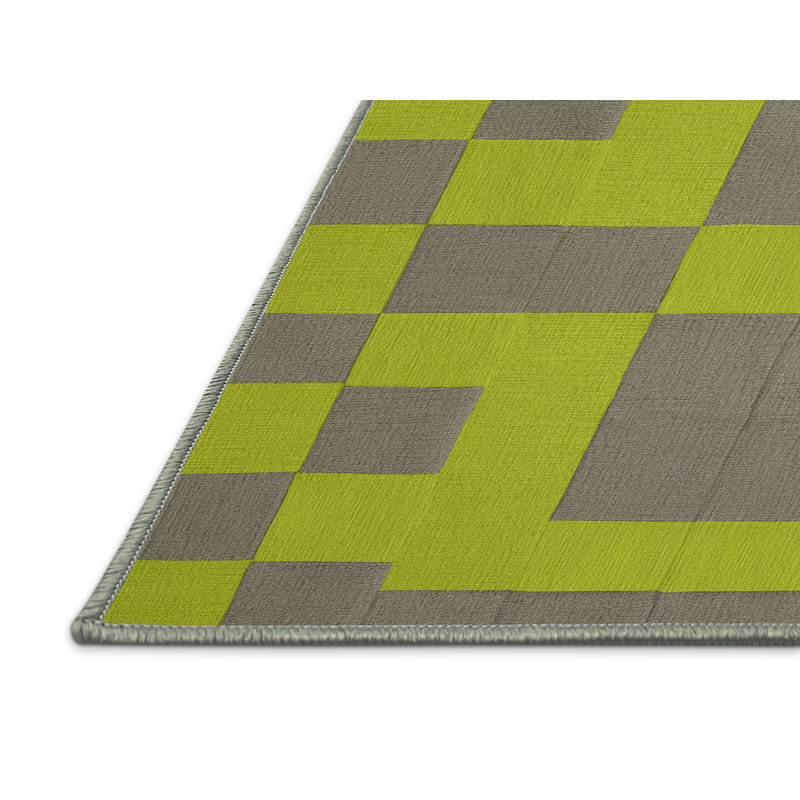 Machine Washable Checkered Green Area Rug, Runner 2' x 5'