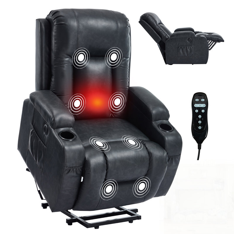 Fauteuil inclinable en polyuréthane PU à position infinie avec massage par vibration à 8 points, chauffage lombaire et recharge USB pour un confort accru pour les personnes âgées