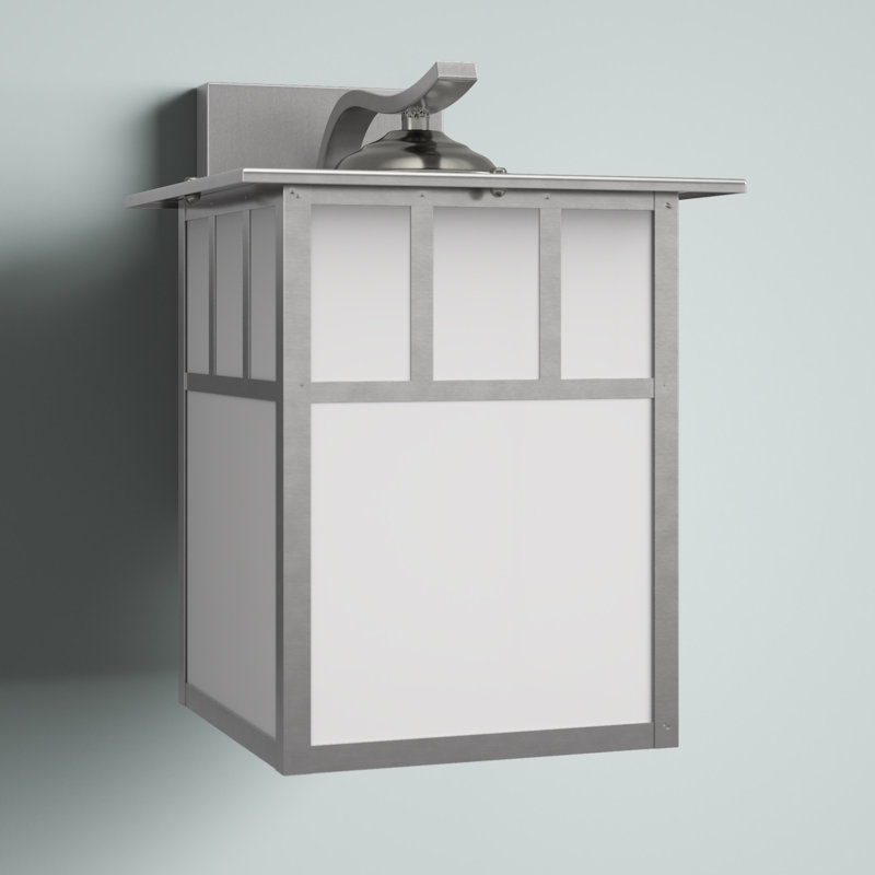 Avaline 12.5 in. H 1-Light Stainless Steel Mission Outdoor Wall Sconce made of Durable Steel, White Tiffany Glass Shade, LED Compatible, Use for Exterior Porch Patio Front Door or Garage