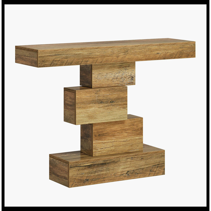42" Console Table, Wood Sofa Table Accent Table With Geometric Base, Light Brown