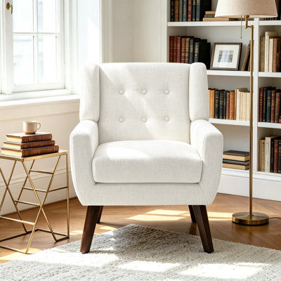 Jaqueze Upholstered Beige Linen Blend Tufted Wide Back Armchair with Solid Wood Legs