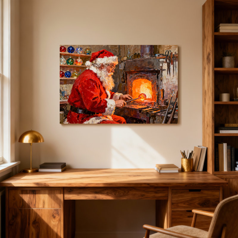 Ornements en verre de Noël du père Noël dans un atelier, H 28 po x l 40 po