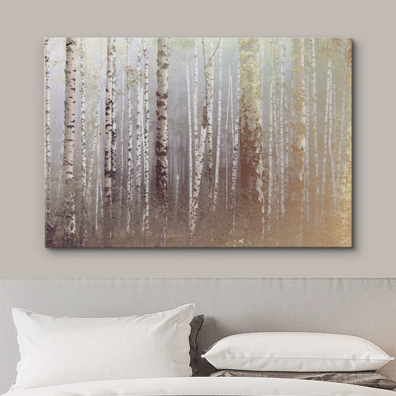 Aspen Birch Foggy Autumn White Birch Tree Forest Nature Landscape Technique mixte sur toile, H 12 po x l 18 po x P 1,5 po