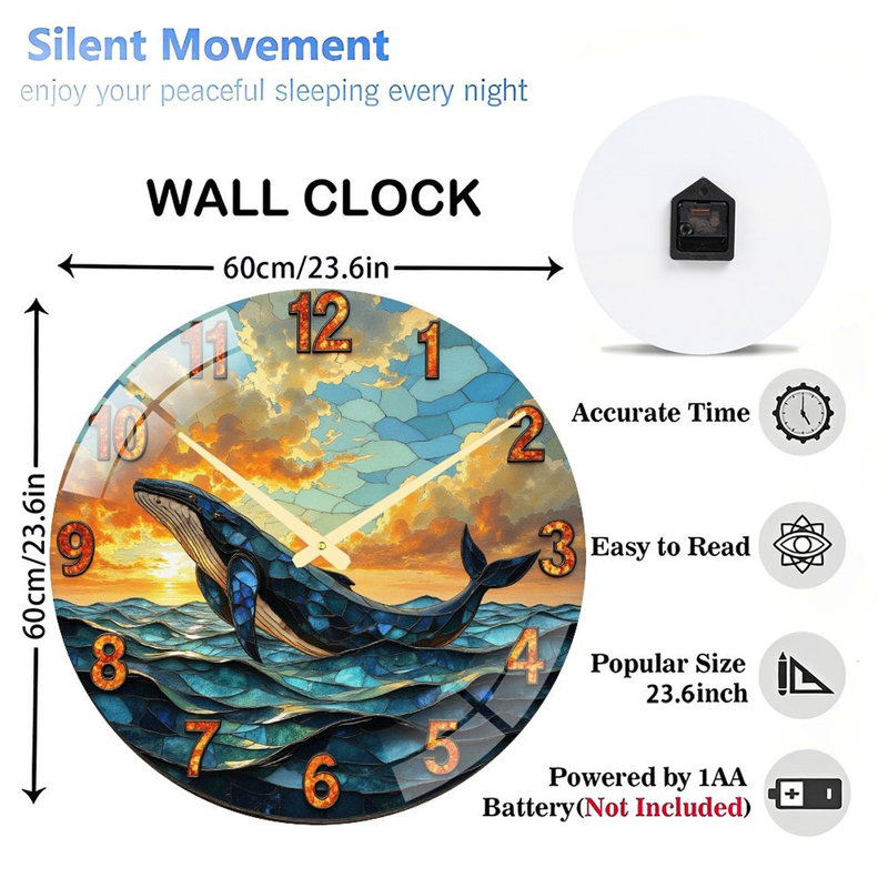 Superbe horloge murale sculpture de baleine, horloge murale 24 po