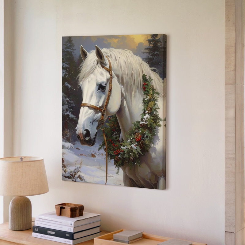 Hiver, couronne de cheval, toile blanche, cheval dans la forêt enneigée, art mural sur toile prêt à accrocher