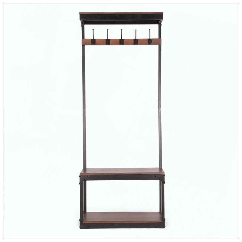 Coat Stand, Five Double Hooks, Coat Rack + Bench, Shoe/Bag Storage, Multi-Functional Organizer, Suitable For Foyer/Entryway